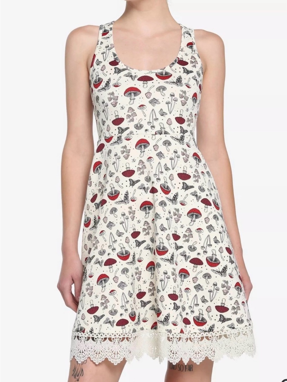 Hot Topic Sleeveless Cream Mushroom Print Dress with Lace Hem S NWOT